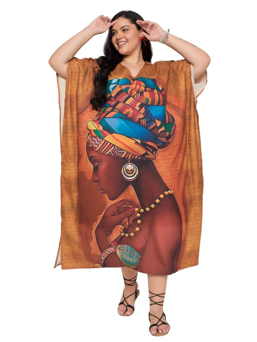 Plus Size Brown African Woman Print V-Neck Kimono Sleeve Kaftan Dress